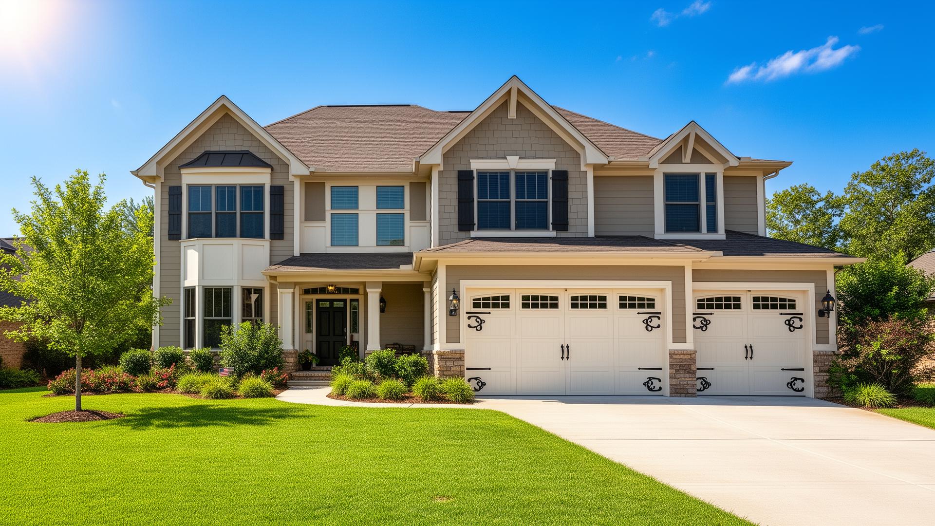 Beautiful suburban home with carriage house garage doors in Zephyrhills Florida